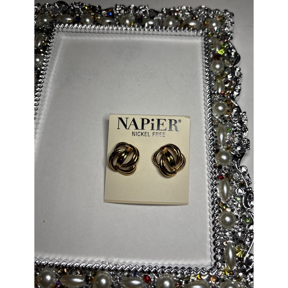 Napier Gold Tone Knot Stud Earrings Nickel Free New on Original Card - Picture 2 of 4